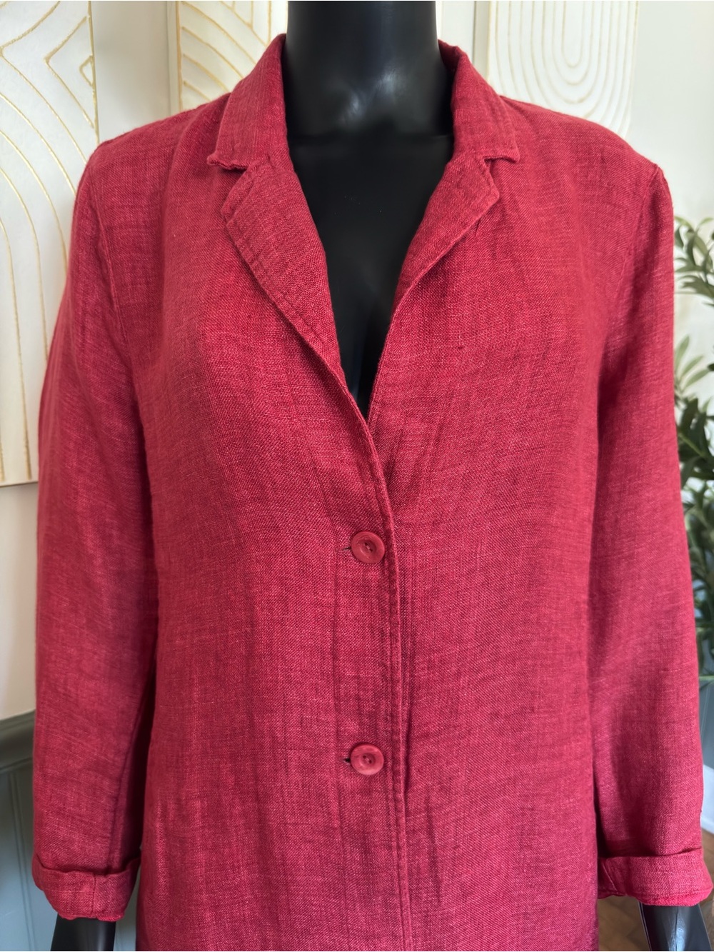 Eileen Fisher 100% Linen Raspberry Red Long Jacket | Chic Lightweight Layer - Picture 14 of 17